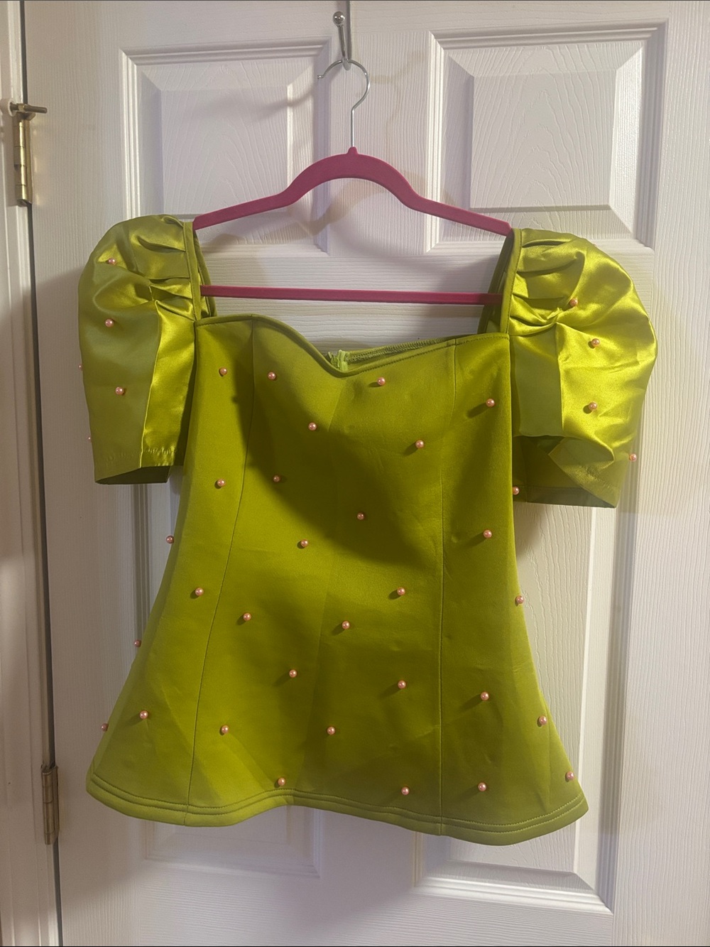 Women's Lime Green Puff Sleeve Pearl-Embellished Top